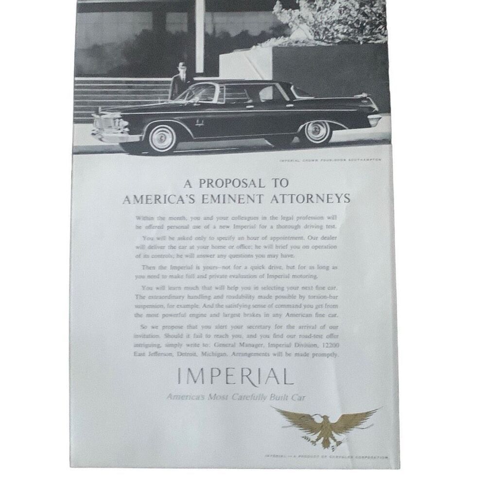Vintage 1962 Chrysler Imperial Eminent Attorneys Ad Advertisement
